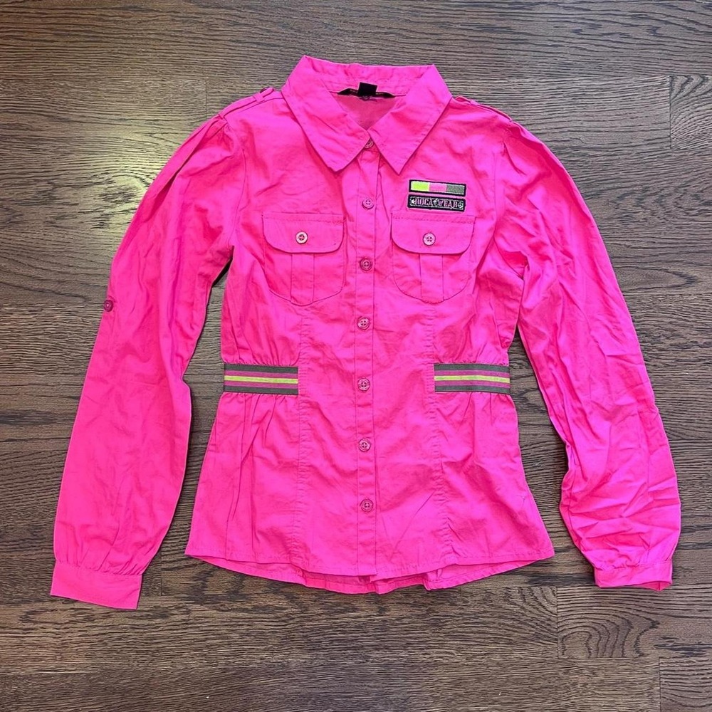 🍟Y2K Hot Pink  Cargo Button Up Long Sleeve Embroidered Shirt Small